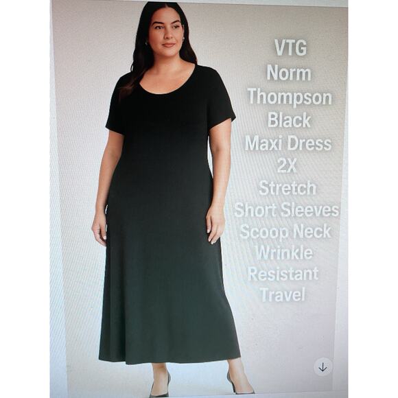 VTG Norm Thompson Black Maxi Dress 2X Stretch Travel No Iron Scoop Neck Slinky - Picture 1 of 10